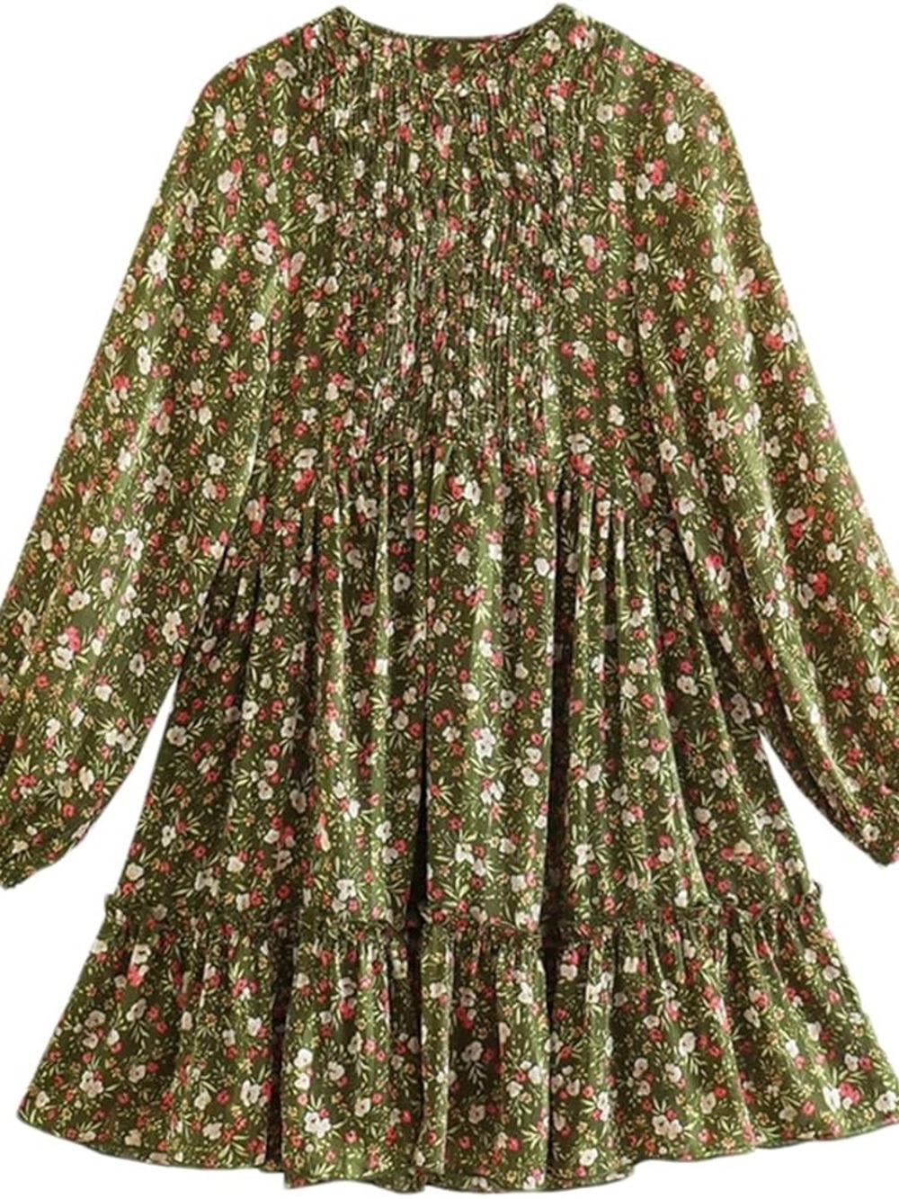 Zara Olive Floral Smocked Long-Sleeve Mini Dress